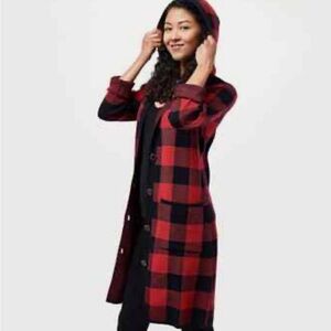 Denim & Co Hooded Jacquard Long Sweater Cardigan Buffalo Check Plaid Women’s M